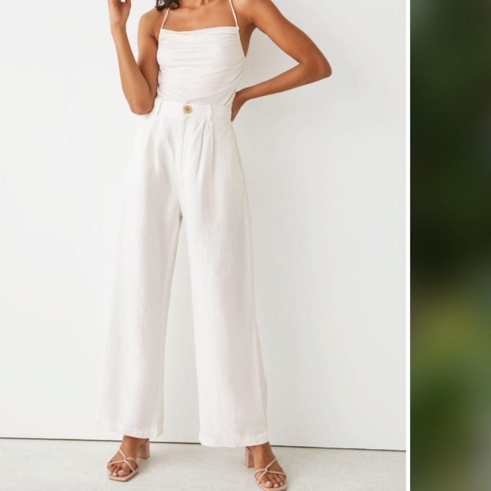White Wide High Waist Linen Trousers Size 6